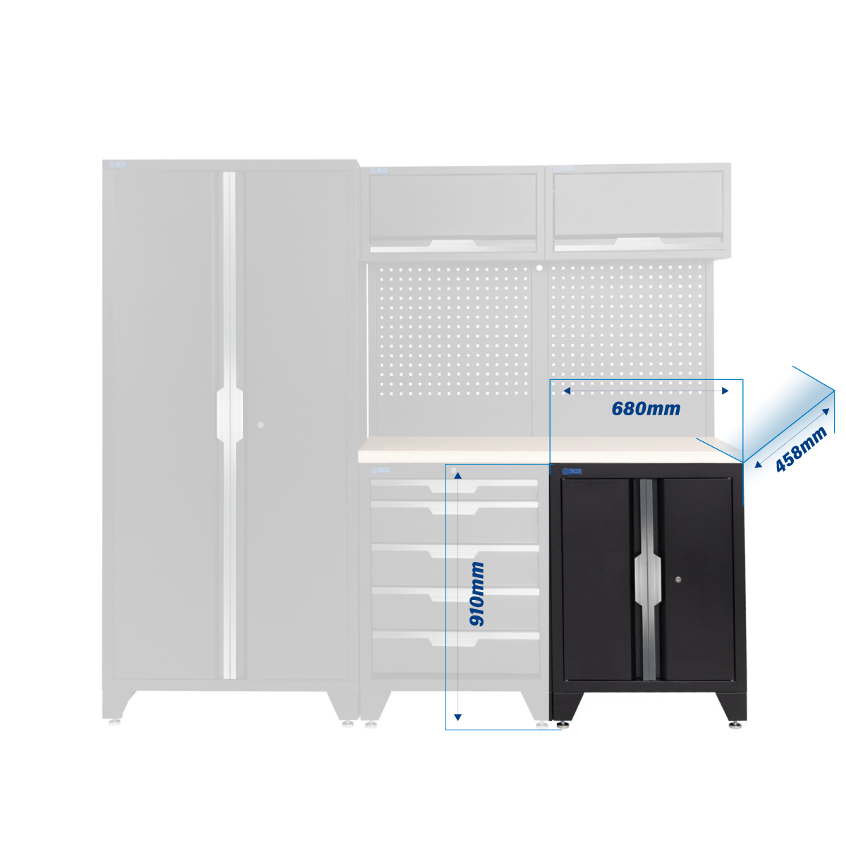 SGS 7pc Modular Garage Storage | 5 Drawers | Plywood Worktop | Floor Cabinet | 2x Upper Cabinets | Tall Double Cabinet